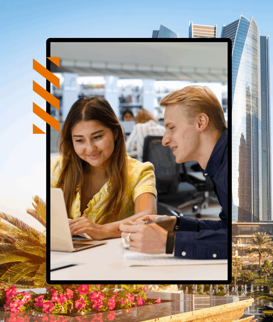 background image of Abu Dhabi skyline and foreground image of two students looking at laptop on campus